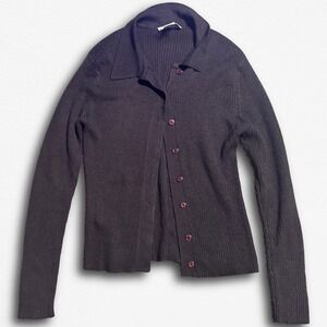 Express Tricot Brown Ribbed Knit Button Down Cardigan XS Model Off Duty Look